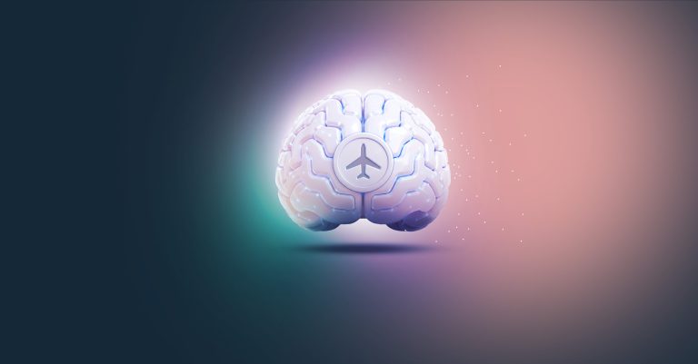 Illustration of a brain with an airplane symbol in the middle